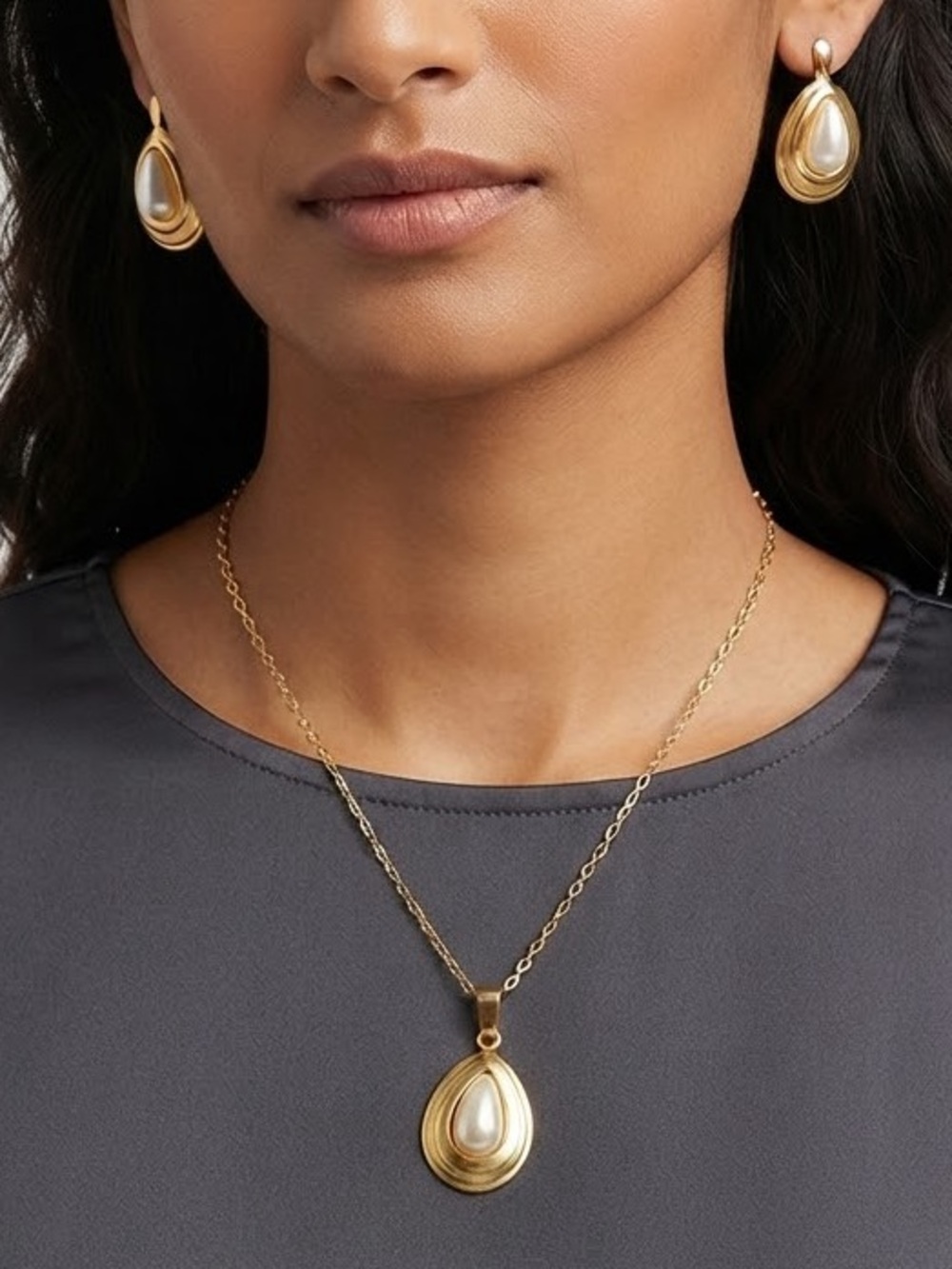 Gold Teardrop Pearl Pendant Necklace and Earring Set-Stainless Steel